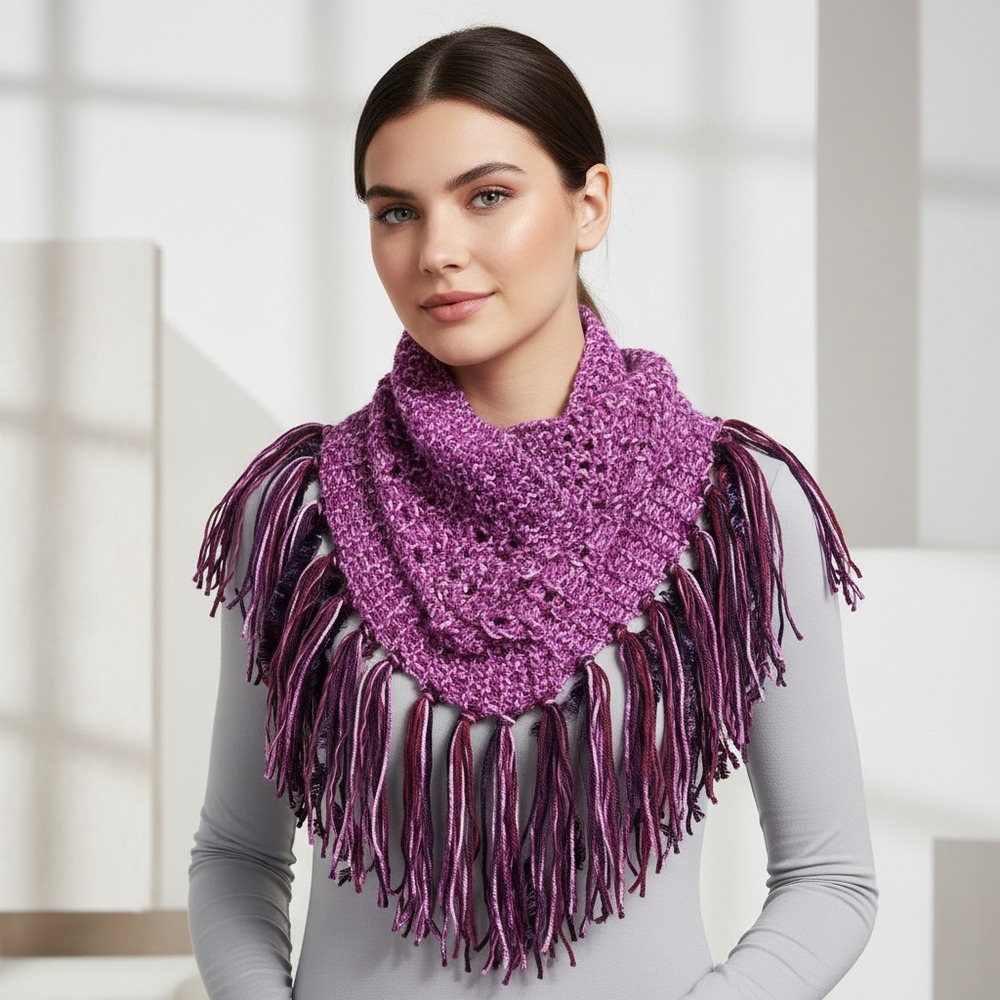 NEW Hand Knitted Purple Boho Cowl Scarf Fringe Boho Eyelet Coquette Coastal Art